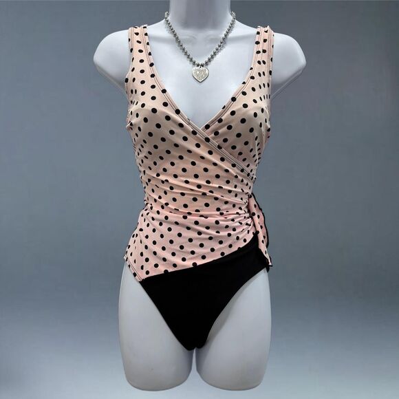 Vintage Polka Dot Wrap Swimsuit Longitude One Piece Pinup Size 8 - Picture 1 of 8